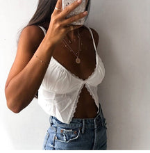 Load image into Gallery viewer, 2021 New Summer Women Sexy Ruffles Short Slim V-Neck Tank Tops Casual Female Cotton Solid Patchwork Lace Crop Top