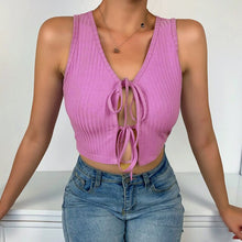 Load image into Gallery viewer, 2021 New Summer Women Tank Top Sexy Bandage Solid Slim Cardigan V Neck Fashion Beautiful Temperament Purple Pink Black