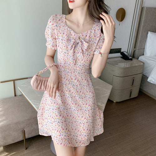 2021 New Summer Women Vestidos Casual Short Sleeve V-Neck Bow Chiffon Dress Print Floral Dresses Fashion Slim Elegant Sweet Robe