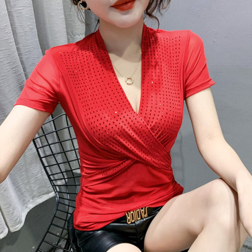 2021 New Summer Women's t-shirt Fashion Casual Short Sleeve Cross Mesh Tops Hot Drilling V-Neck tshirt Blusas