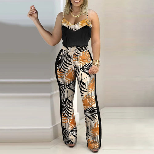 2021 New Trendy Women Summer Casual Two Piece Set Tropical Print Colorblock Top & Pants Set