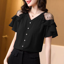 Load image into Gallery viewer, 2021 New V-Neck Women Shirt Summer All-Match Short Sleeve Chiffon Top Solid Single Breasted Decoration Strapless Female Blouse