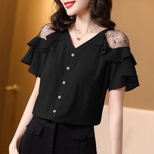 Load image into Gallery viewer, 2021 New V-Neck Women Shirt Summer All-Match Short Sleeve Chiffon Top Solid Single Breasted Decoration Strapless Female Blouse
