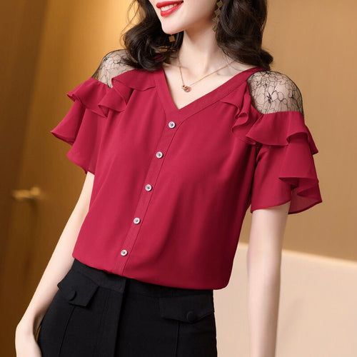 2021 New V-Neck Women Shirt Summer All-Match Short Sleeve Chiffon Top Solid Single Breasted Decoration Strapless Female Blouse