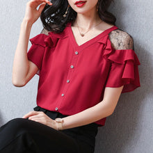 Load image into Gallery viewer, 2021 New V-Neck Women Shirt Summer All-Match Short Sleeve Chiffon Top Solid Single Breasted Decoration Strapless Female Blouse