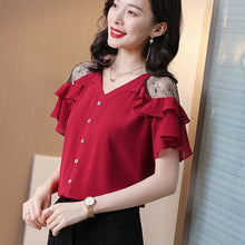 Load image into Gallery viewer, 2021 New V-Neck Women Shirt Summer All-Match Short Sleeve Chiffon Top Solid Single Breasted Decoration Strapless Female Blouse