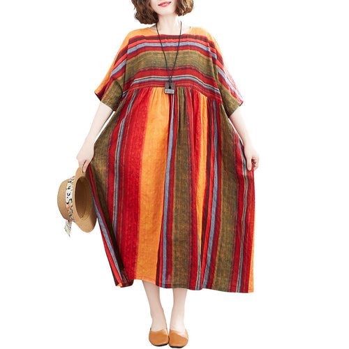2021 New Vintage Dress Women Cotton Linen Dress Striped Print O Neck Half Sleeve Loose Casual Summer Fashion Vestidos Female