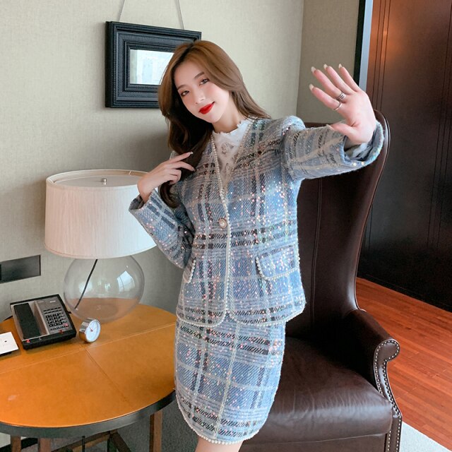 2021 New Women Autumn Winter Luxury Suits Office Lady High Quality Elegant Plaid 3 Piece Set Tweed Coat Skirt + Shirt Outfits