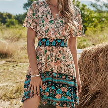 Load image into Gallery viewer, 2021 New Women Dresses Summer Sexy V Neck Floral Print Boho Beach Dress Ruffle Short Sleeve A Line Mini Dress Sundress Robe