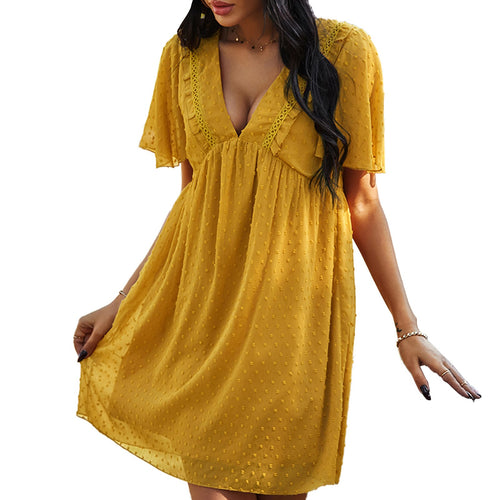 2021 New Women Summer Dress Sexy Deep V-Neck Ruffled Short Sleeve High Waist Dots Loose Fit Elegant Beach Solid Female Vestidos
