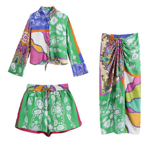 2021 New Women Summer Three piece set Cropped Shirt & Pleated Skirt & Shorts Casual Fashion Chic Lady Woman set