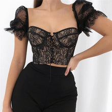 Load image into Gallery viewer, 2021 New Women Top Lace Bandage Puff Sleeve Summer Fashion Sexy Slim Black Square Collar Backless Short Beautiful