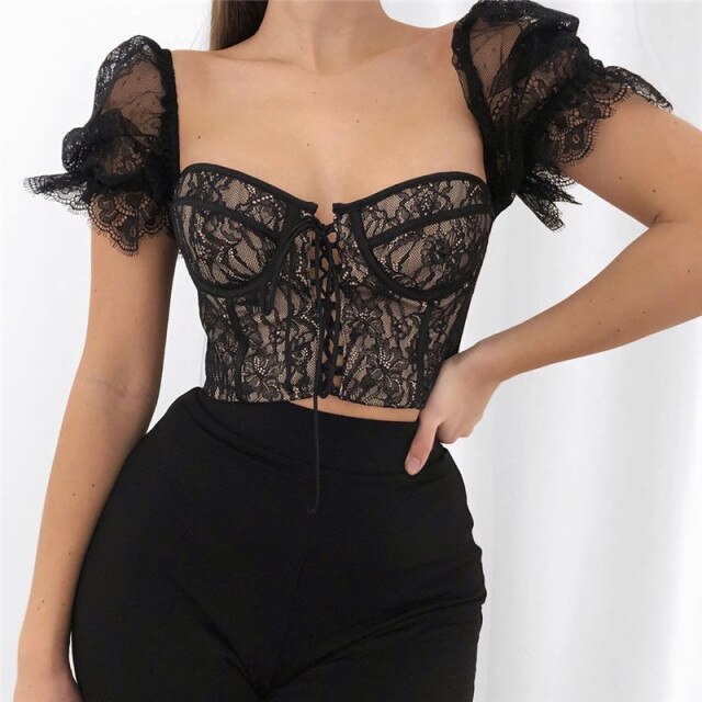 2021 New Women Top Lace Bandage Puff Sleeve Summer Fashion Sexy Slim Black Square Collar Backless Short Beautiful