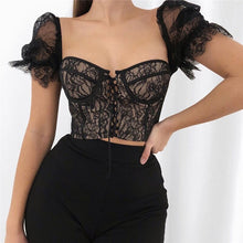 Load image into Gallery viewer, 2021 New Women Top Lace Bandage Puff Sleeve Summer Fashion Sexy Slim Black Square Collar Backless Short Beautiful