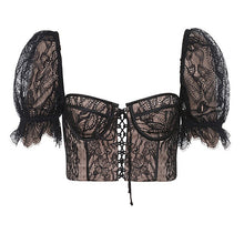 Load image into Gallery viewer, 2021 New Women Top Lace Bandage Puff Sleeve Summer Fashion Sexy Slim Black Square Collar Backless Short Beautiful