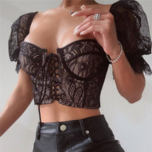 Load image into Gallery viewer, 2021 New Women Top Lace Bandage Puff Sleeve Summer Fashion Sexy Slim Black Square Collar Backless Short Beautiful