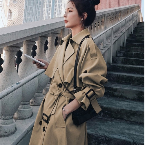 2021 New  Women's Fashion Windbreaker Women's Middle Long Khaki Korean Loose Knee Length British Style Coat