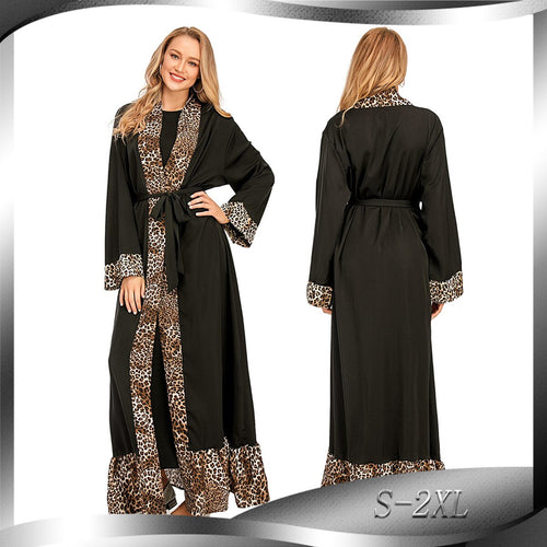 2021 New Women's Leopard Print Stitching Fashion Abaya Kimono Cardigan Robe Casual Light Luxury Home Service Muslim Woman Dress