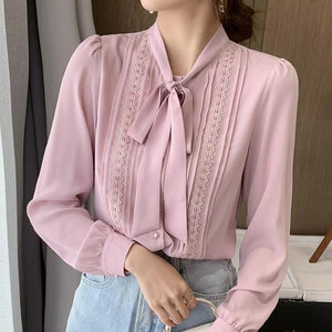 2021 New Women's Spring Bow Chiffon Blouse Shirt Fashion Casual Long Sleeve Office Lady Shirt Plus Size Loose Tops