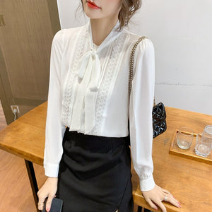 2021 New Women's Spring Bow Chiffon Blouse Shirt Fashion Casual Long Sleeve Office Lady Shirt Plus Size Loose Tops