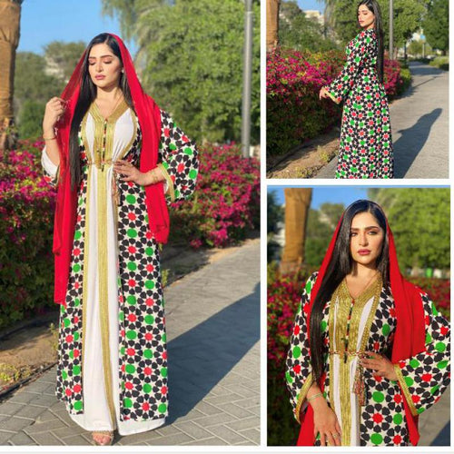 2021 Newest Print Muslim Set Women Elegant Open Abaya Turkish Pakistan Cardigan Moroccan Kaftan Dress Bohemian Islamic Clothes