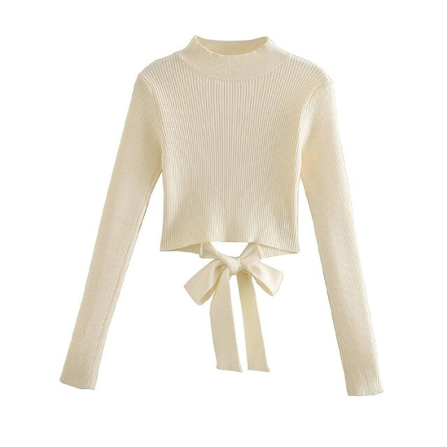 2021 Nieuwe Vrouwen Backless Gebreide Trui Hoge Hals Lange Mouwen Casual Fashion Chic Lady Vrouw Truien Truien Tops