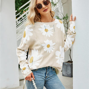 2021 Oversized Thin Sweater Women Vintage Floral Loose Sweaters Pullovers Streetwear Autumn Knitted Jumper Femme  Sueter Mujer