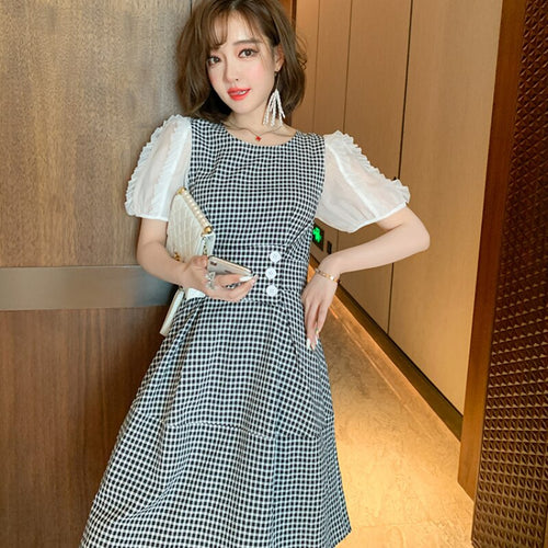 2021 Plaid Dress For Women Mesh Short Sleeves Patchwork High Waist A-Line Elegant Casual Ladies Party Dresses Female Clothes
