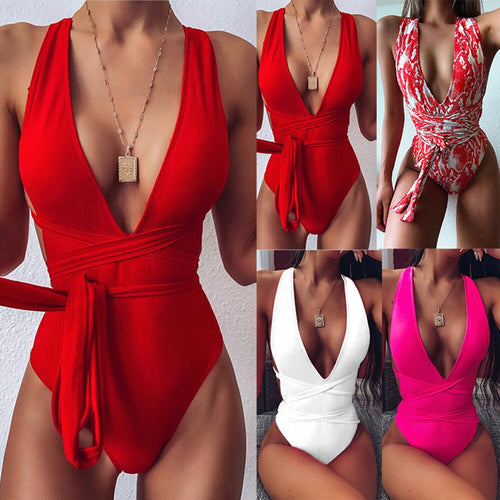 2021 Print One Piece Swimwear Women Swimsuit Bandage Padded Bathing Suit Cut Out BeachWear Backless Bodysuit Monokini Female