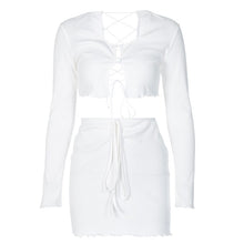 Load image into Gallery viewer, 2021 Ribbed Lace Up Hollow Out Women 2 Piece Set Crop Top Cardigan Mini Skirt Bodycon Sexy Streetwear Club Matching Outfit