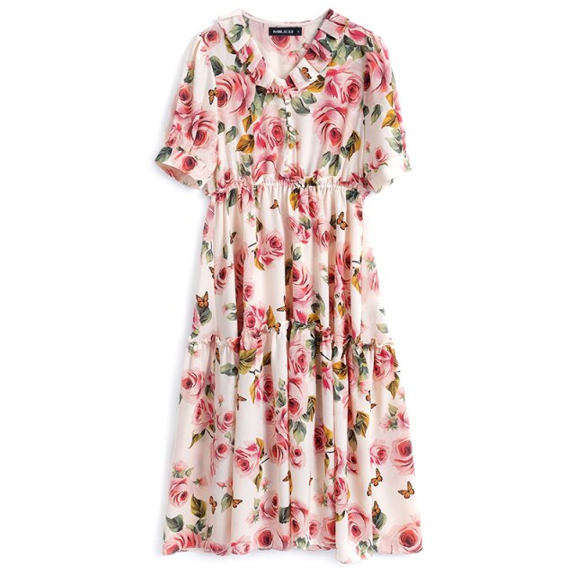 2021  Ruffle V-Neck High Waist Vintage Rose Print Short Sleeve Midi Dress Women Summer Fashion Casual Party Sundress Vestidos