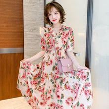 Load image into Gallery viewer, 2021  Ruffle V-Neck High Waist Vintage Rose Print Short Sleeve Midi Dress Women Summer Fashion Casual Party Sundress Vestidos