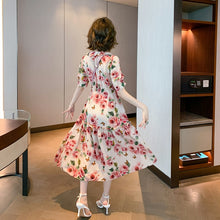 Load image into Gallery viewer, 2021  Ruffle V-Neck High Waist Vintage Rose Print Short Sleeve Midi Dress Women Summer Fashion Casual Party Sundress Vestidos