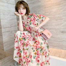 Load image into Gallery viewer, 2021  Ruffle V-Neck High Waist Vintage Rose Print Short Sleeve Midi Dress Women Summer Fashion Casual Party Sundress Vestidos