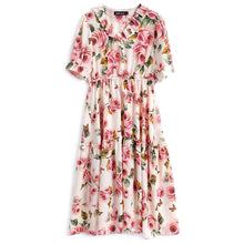 Load image into Gallery viewer, 2021  Ruffle V-Neck High Waist Vintage Rose Print Short Sleeve Midi Dress Women Summer Fashion Casual Party Sundress Vestidos