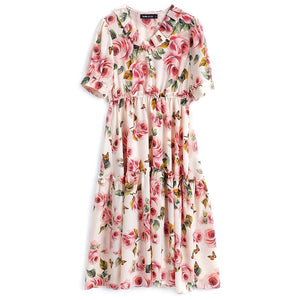2021  Ruffle V-Neck High Waist Vintage Rose Print Short Sleeve Midi Dress Women Summer Fashion Casual Party Sundress Vestidos