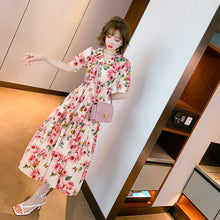 Load image into Gallery viewer, 2021  Ruffle V-Neck High Waist Vintage Rose Print Short Sleeve Midi Dress Women Summer Fashion Casual Party Sundress Vestidos