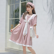 Load image into Gallery viewer, 2021 Sailor Collar Puff Sleeve Girl White Pink Flower Dress Harajuku Kawaii Vintage Cosplay Lolita Clothes Women Beach Sundress