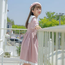 Load image into Gallery viewer, 2021 Sailor Collar Puff Sleeve Girl White Pink Flower Dress Harajuku Kawaii Vintage Cosplay Lolita Clothes Women Beach Sundress