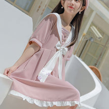 Load image into Gallery viewer, 2021 Sailor Collar Puff Sleeve Girl White Pink Flower Dress Harajuku Kawaii Vintage Cosplay Lolita Clothes Women Beach Sundress