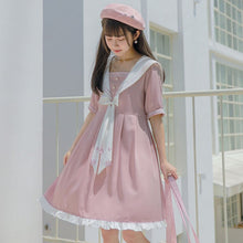 Load image into Gallery viewer, 2021 Sailor Collar Puff Sleeve Girl White Pink Flower Dress Harajuku Kawaii Vintage Cosplay Lolita Clothes Women Beach Sundress