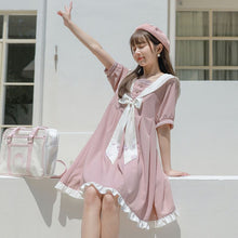 Load image into Gallery viewer, 2021 Sailor Collar Puff Sleeve Girl White Pink Flower Dress Harajuku Kawaii Vintage Cosplay Lolita Clothes Women Beach Sundress