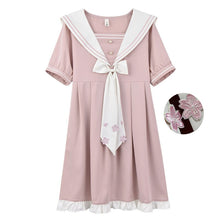 Load image into Gallery viewer, 2021 Sailor Collar Puff Sleeve Girl White Pink Flower Dress Harajuku Kawaii Vintage Cosplay Lolita Clothes Women Beach Sundress