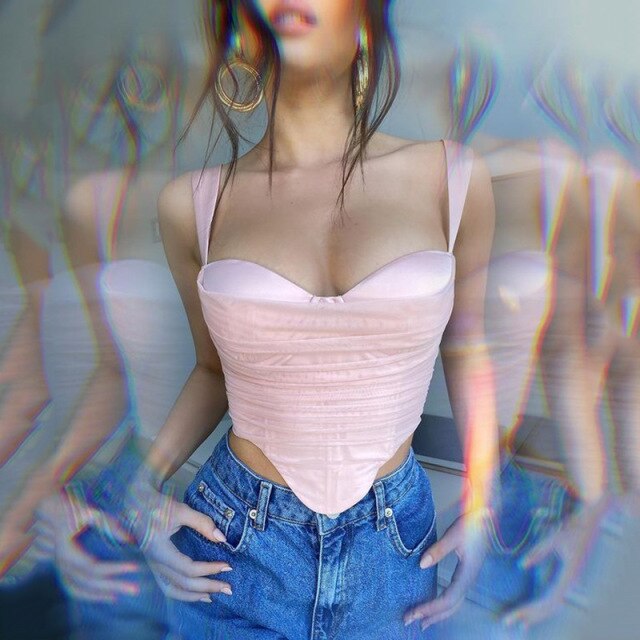 2021 Satin Mesh Patchwork Women Irregular Strap Corset Crop Top Bodycon Zipper Sexy Streetwear Party Elegant Club 2021 Summer