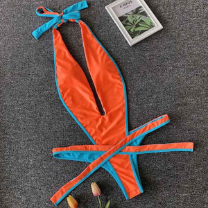 2021 Sexy Bandage One Piece Swimsuit Women Deep V Halter High Cut Thong Monokini Swimwear Swim Suit Solid Bathing Suit Bodaysuit