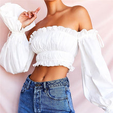 Load image into Gallery viewer, 2021 Sexy Fashion Women Top New Chiffon Fungus Flare Sleeve Strapless Short Polyester Slash Neck White Beautiful