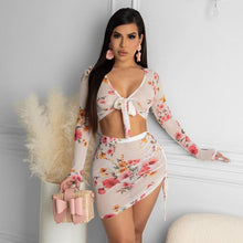 Load image into Gallery viewer, 2021 Sexy Flower Printed Two Piece Dress Set Women Long Sleeve Crop Top Lace Up Mini Skirt Autumn Beach Boho Female Dress Sets