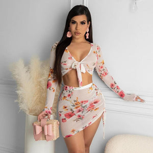 2021 Sexy Flower Printed Two Piece Dress Set Women Long Sleeve Crop Top Lace Up Mini Skirt Autumn Beach Boho Female Dress Sets