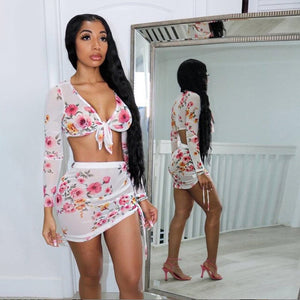 2021 Sexy Flower Printed Two Piece Dress Set Women Long Sleeve Crop Top Lace Up Mini Skirt Autumn Beach Boho Female Dress Sets