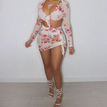 Load image into Gallery viewer, 2021 Sexy Flower Printed Two Piece Dress Set Women Long Sleeve Crop Top Lace Up Mini Skirt Autumn Beach Boho Female Dress Sets